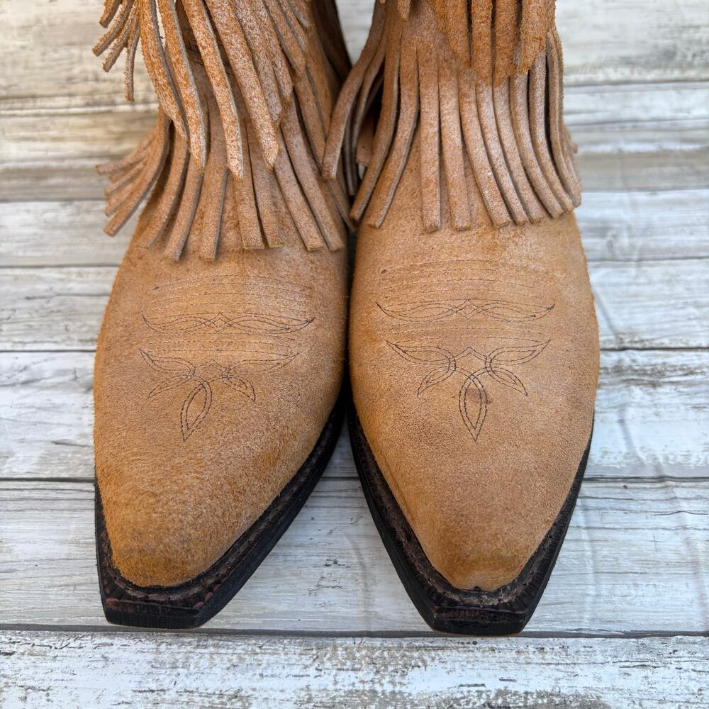 Dingo Western Cowboy Boots Sz 9.5  Tres Fringe Burnished Tan Leather Suede Boho - Picture 2 of 12